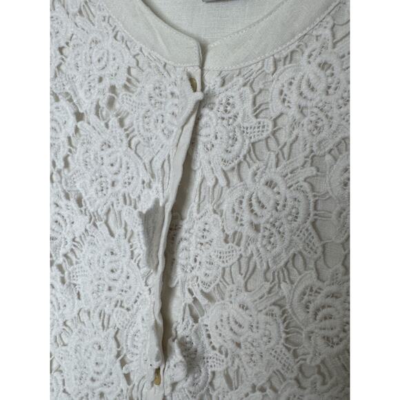 Soft Surroundings White Linen crochet Front Blouse Button Down pleated sleeves M - Picture 12 of 14